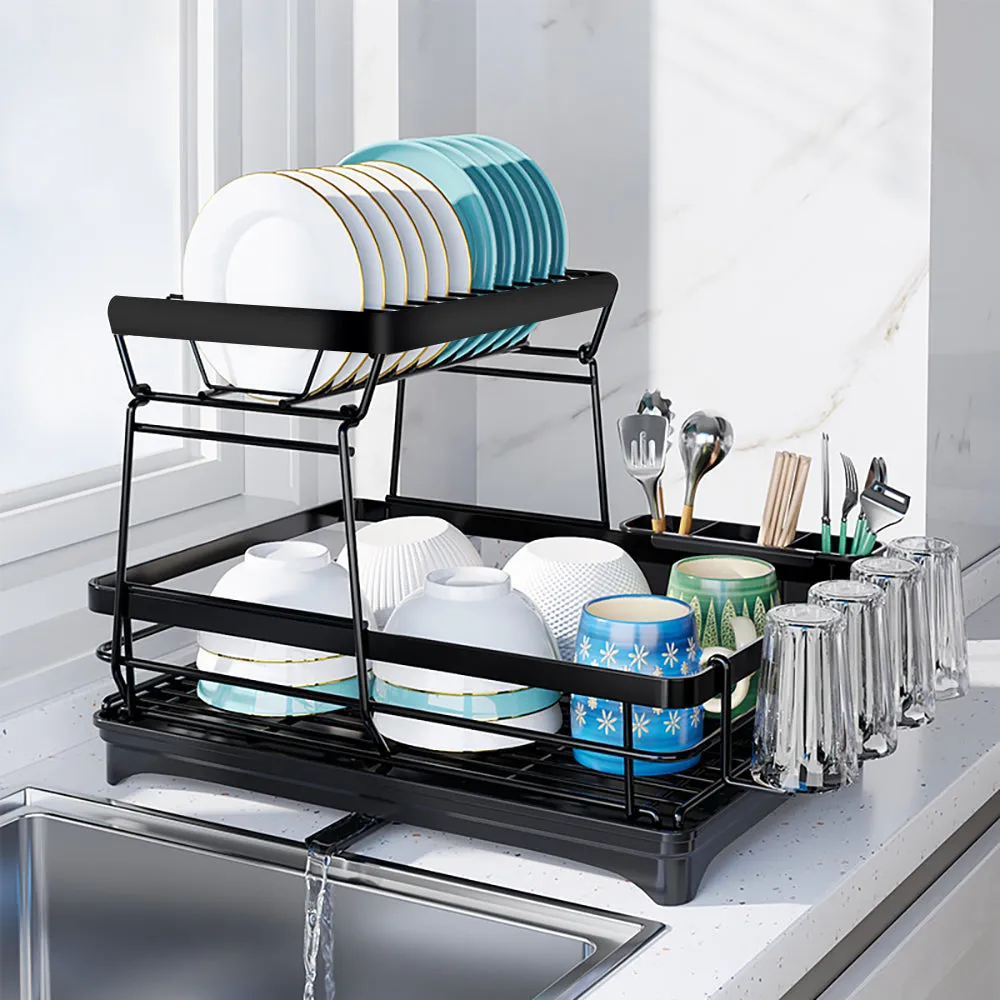 2-Tier Dish Drying Rack Kitchen Counter Dish Drainer with Utensils Holder Bn-link