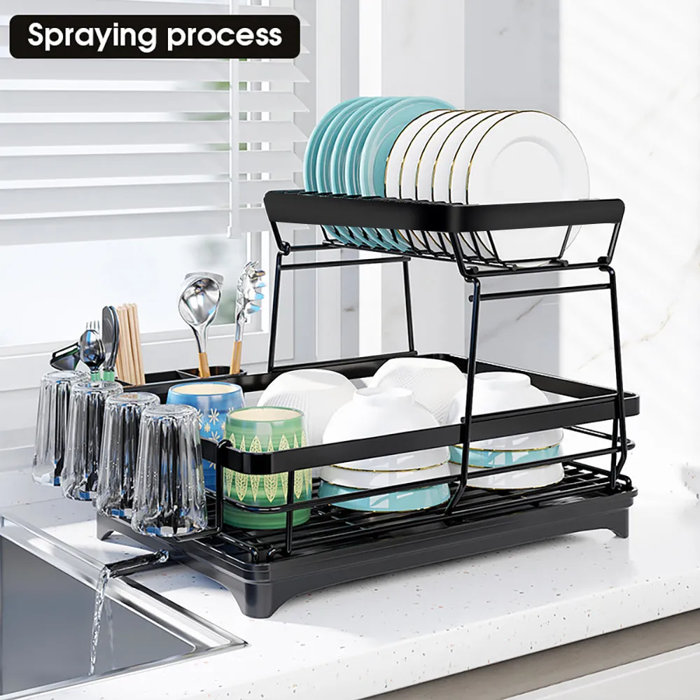 2-Tier Dish Drying Rack Kitchen Counter Dish Drainer with Utensils Holder Bn-link