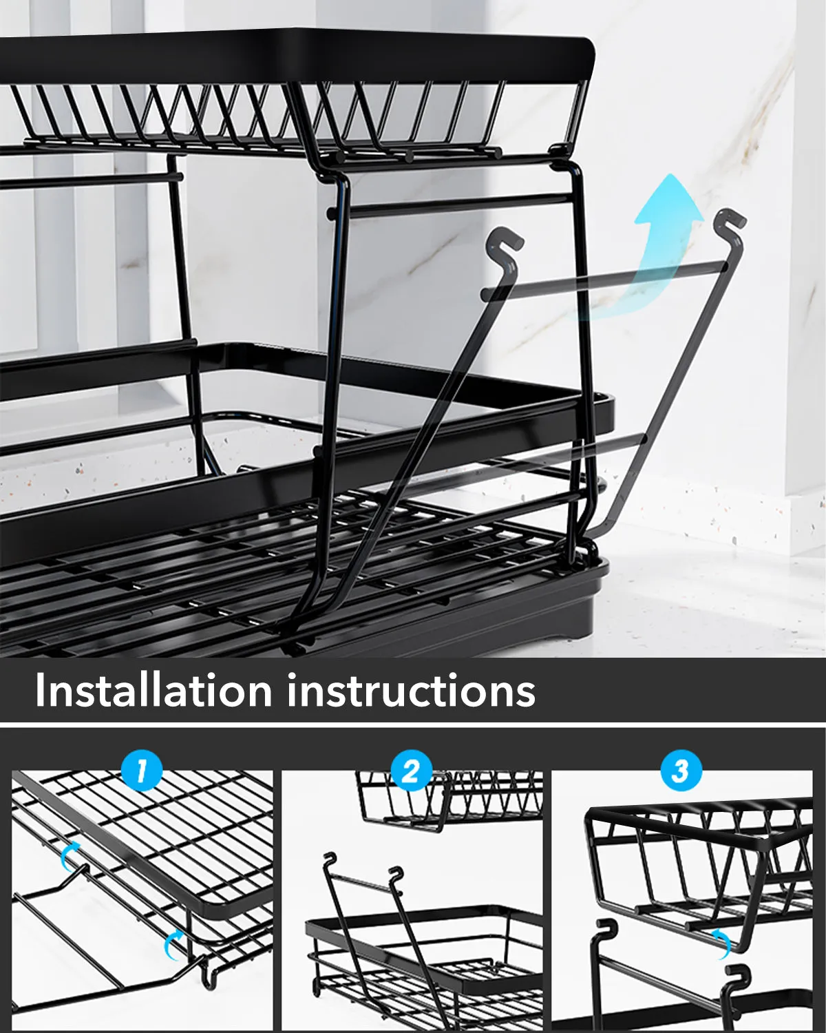 2-Tier Dish Drying Rack Kitchen Counter Dish Drainer with Utensils Holder Bn-link