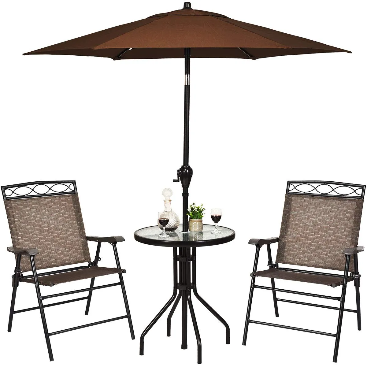 3 Pieces Patio Bistro Set, Outdoor Folding Chairs & Table Set with Tempered Glass Tabletop & Umbrella Hole