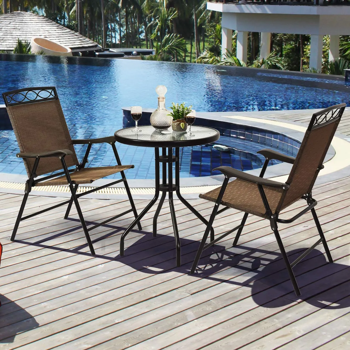 3 Pieces Patio Bistro Set, Outdoor Folding Chairs & Table Set with Tempered Glass Tabletop & Umbrella Hole