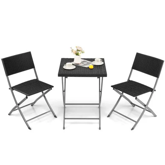 3 Pieces Patio Bistro Set with Folding Wicker Chairs and Table-Black