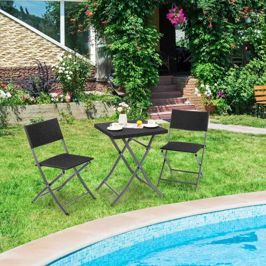 3 Pieces Patio Bistro Set with Folding Wicker Chairs and Table-Black