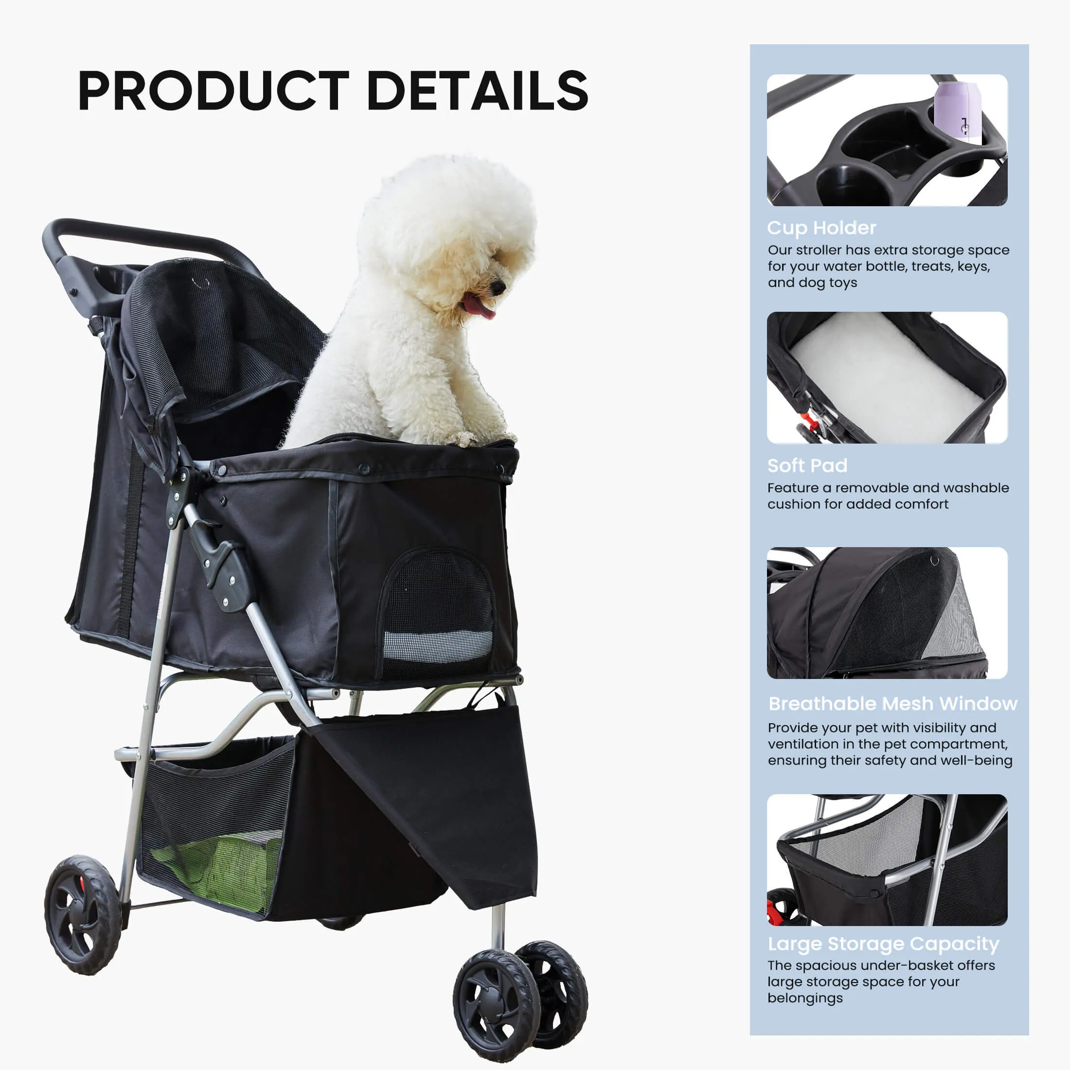 3-Wheel Foldable and Waterproof Pet Stroller - Jogger Stroller for Small and Medium Dogs and Cats with Cup Holder and Removable Liner