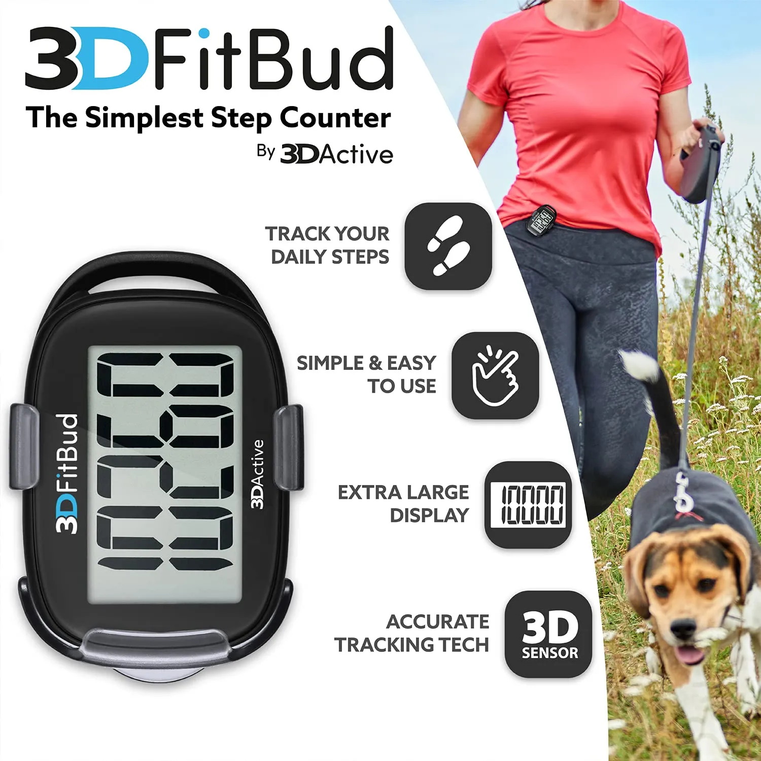 3DFitBud Simple Step Counter Walking 3D Pedometer with Clip and Lanyard, A420S Black