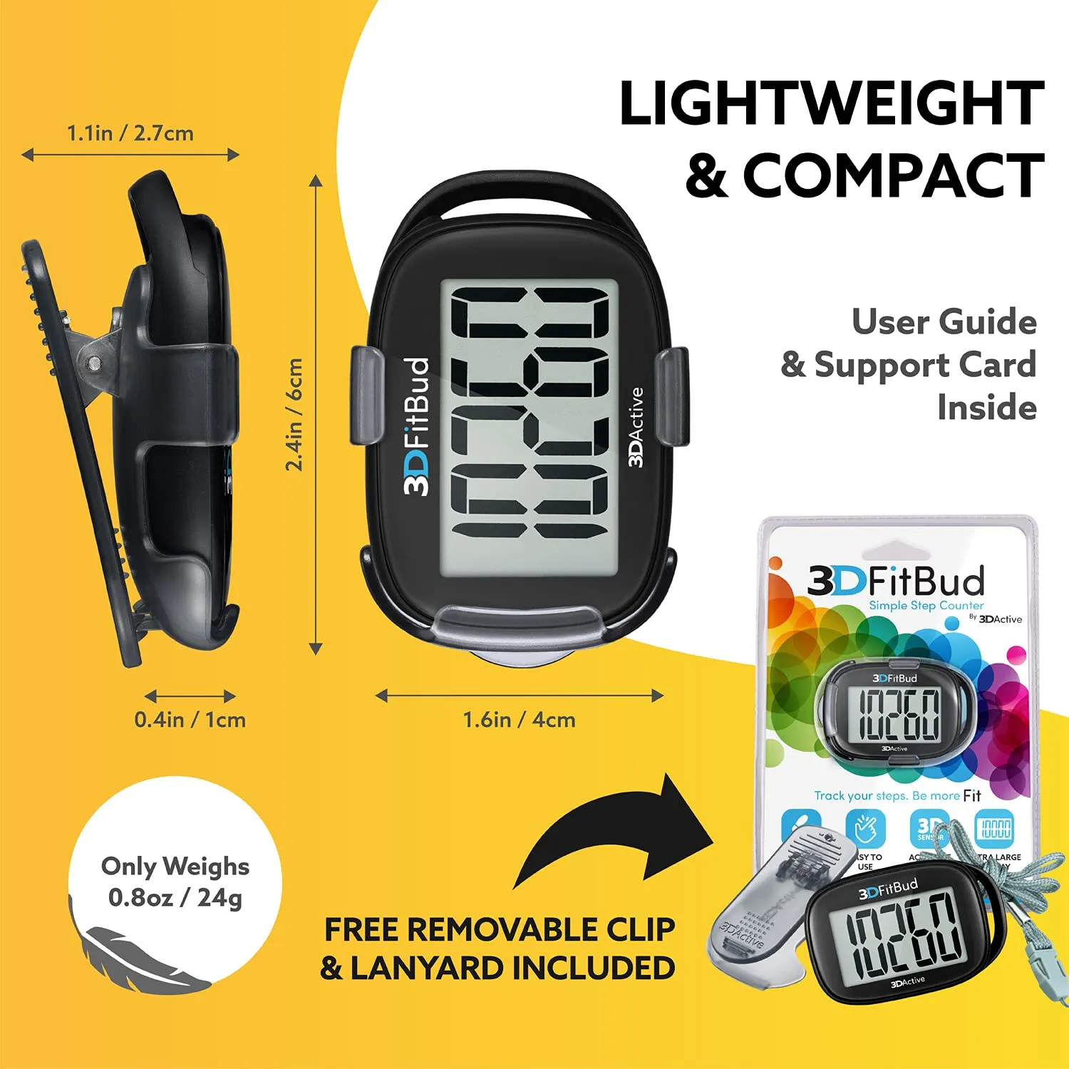 3DFitBud Simple Step Counter Walking 3D Pedometer with Clip and Lanyard, A420S Black