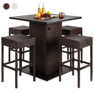 5-Piece Wicker Bar Set w/ 4 Stools, Built-In Bottle Opener, Hidden Storage