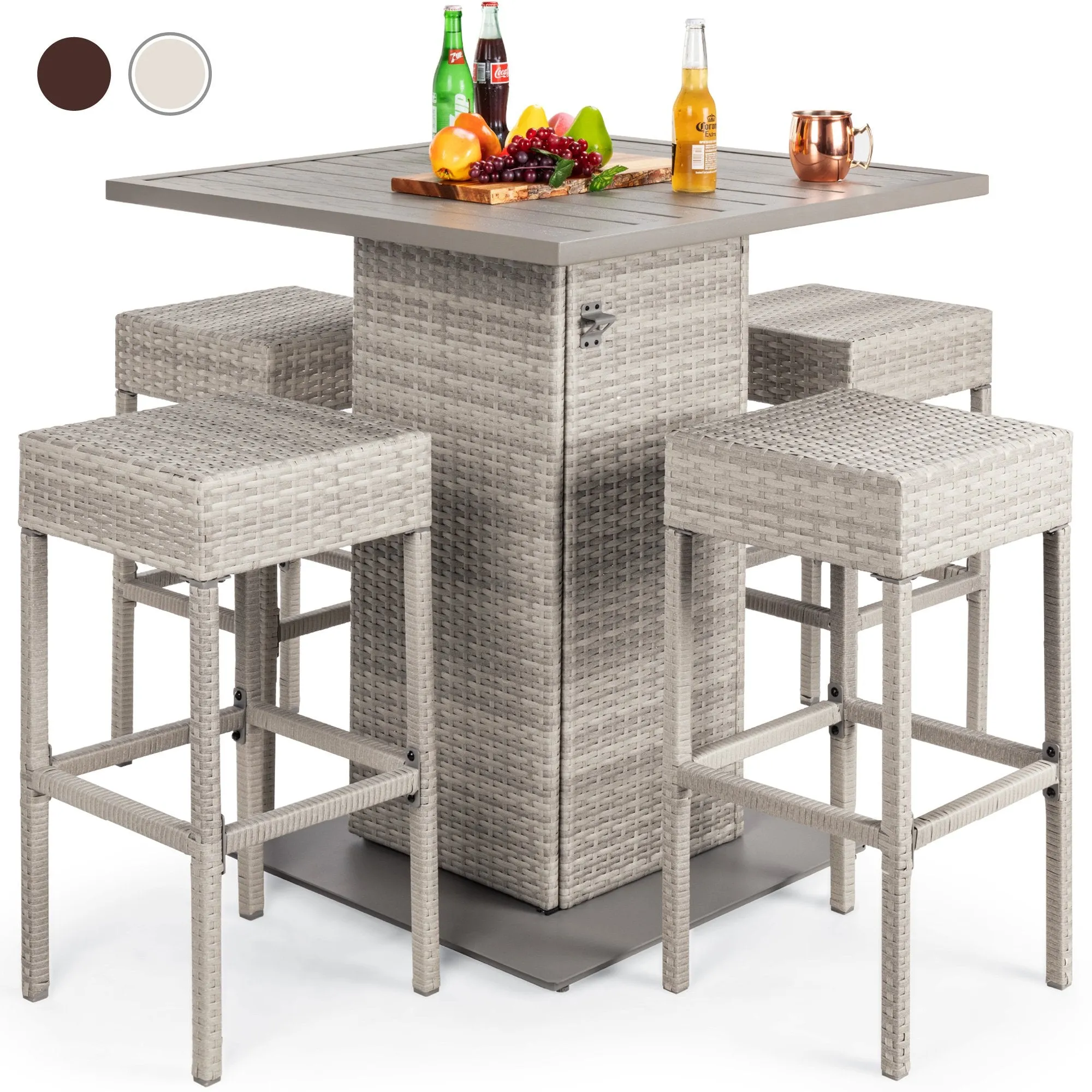 5-Piece Wicker Bar Set w/ 4 Stools, Built-In Bottle Opener, Hidden Storage