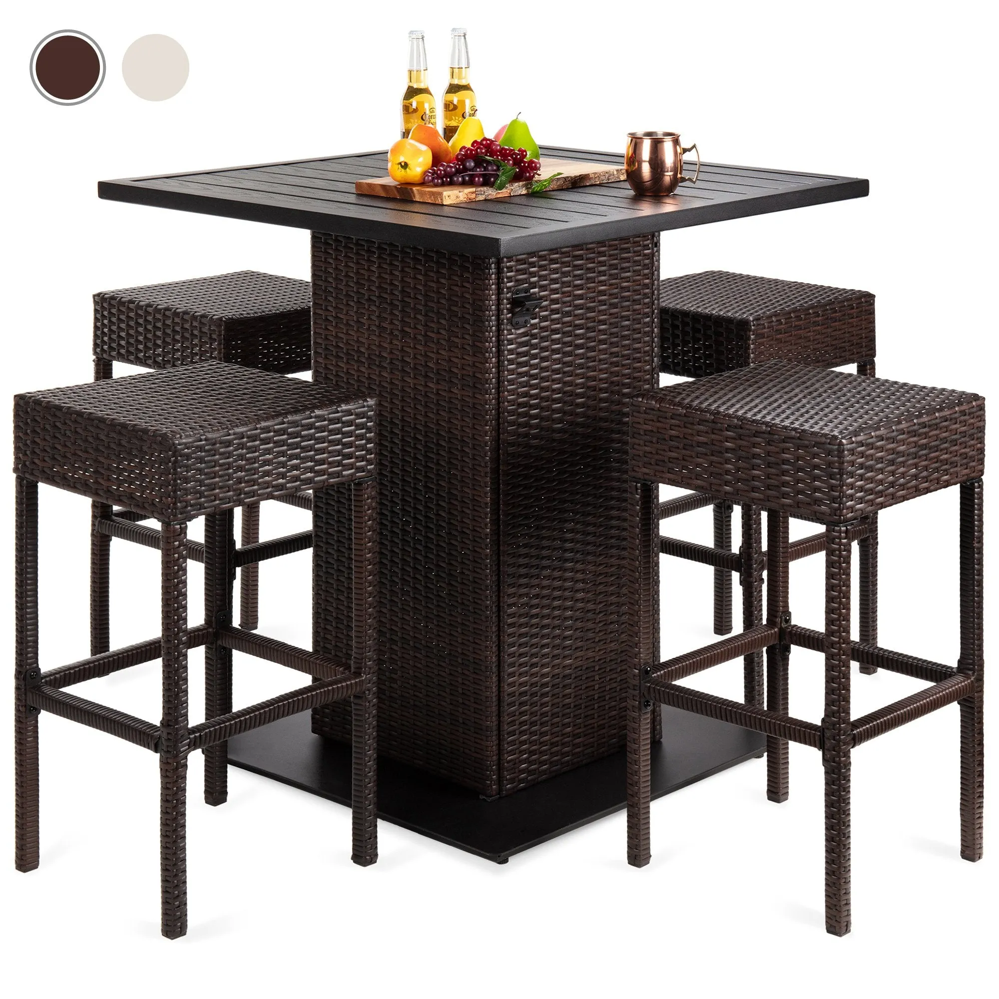 5-Piece Wicker Bar Set w/ 4 Stools, Built-In Bottle Opener, Hidden Storage