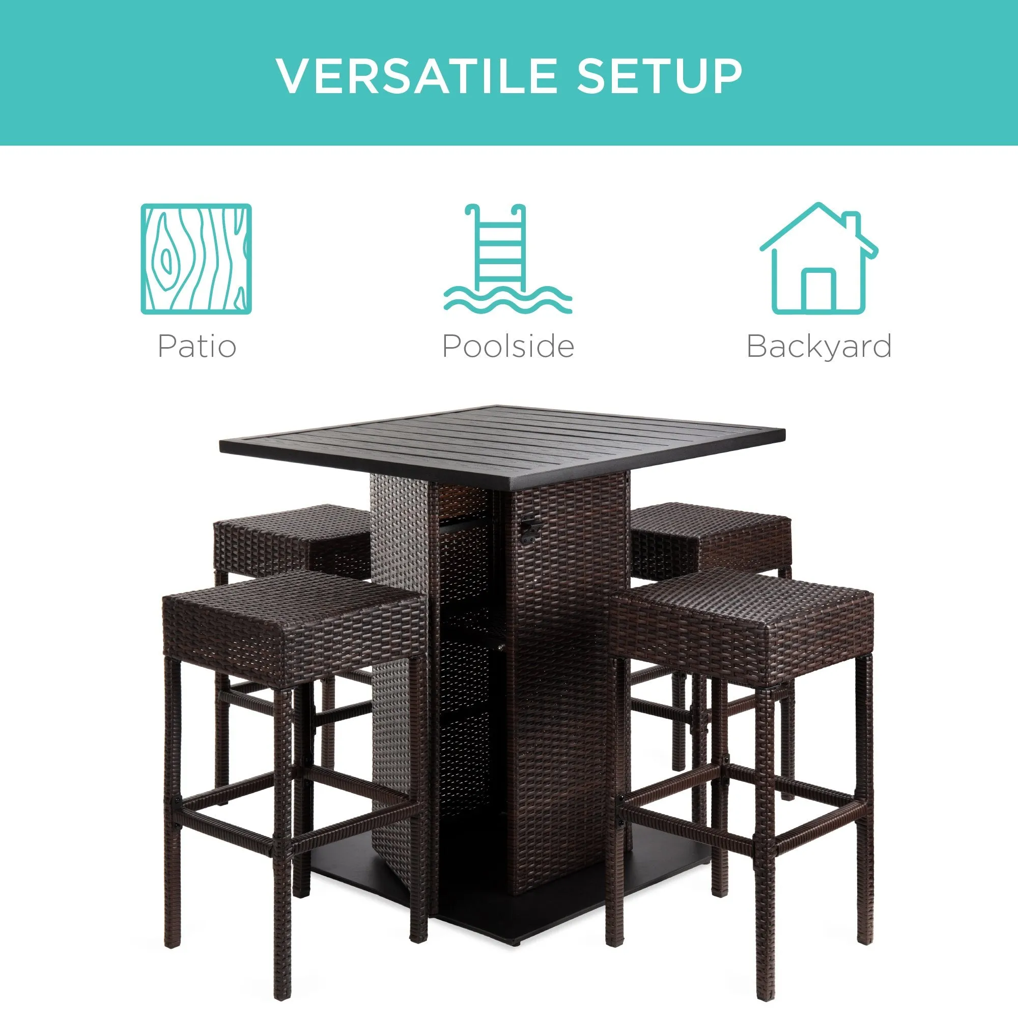 5-Piece Wicker Bar Set w/ 4 Stools, Built-In Bottle Opener, Hidden Storage