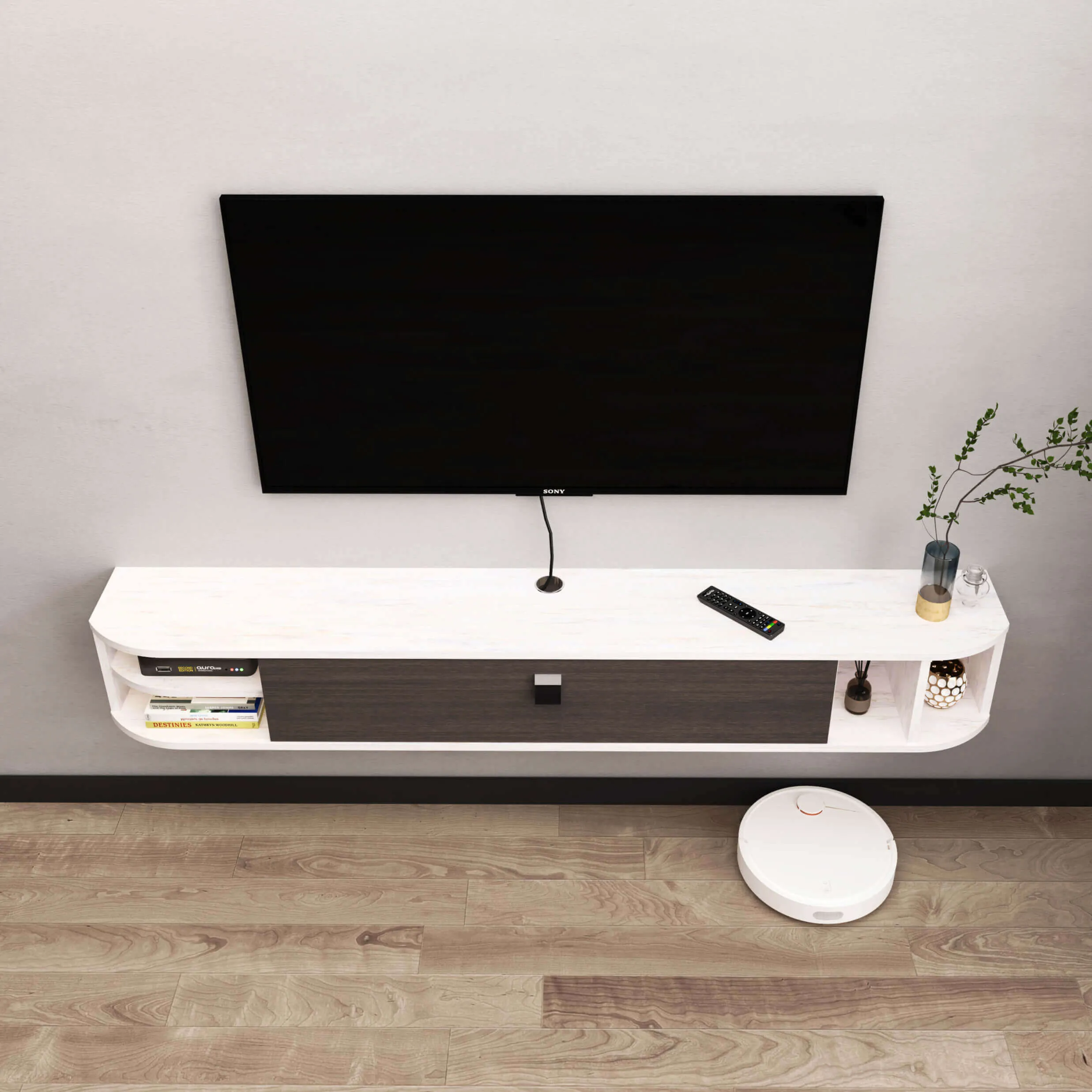 63" Modestia Floating TV Stand, Greyish White