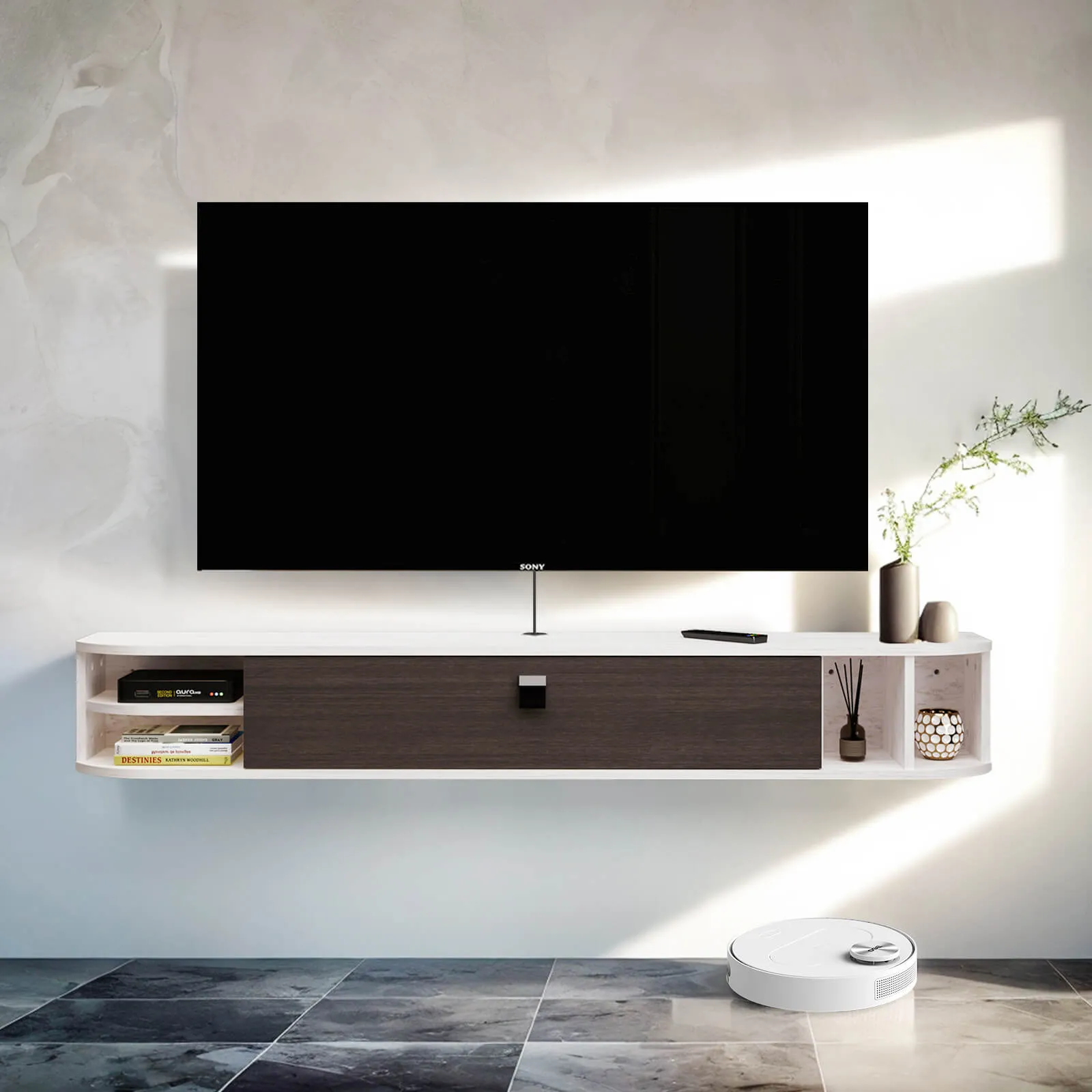 63" Modestia Floating TV Stand, Greyish White