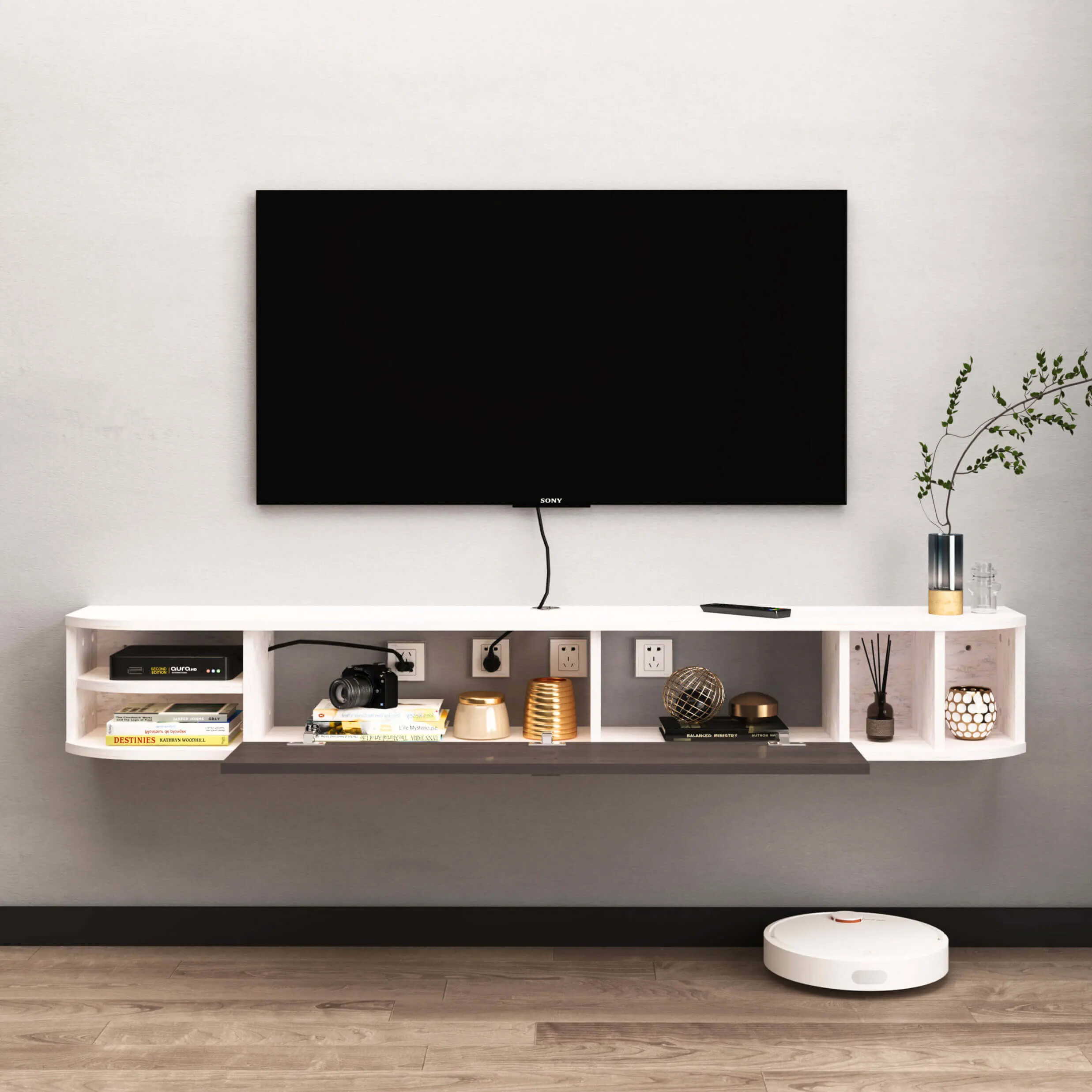 63" Modestia Floating TV Stand, Greyish White