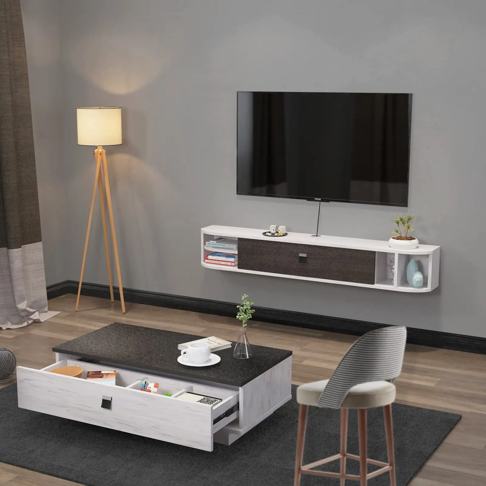 63" Modestia Floating TV Stand, Greyish White