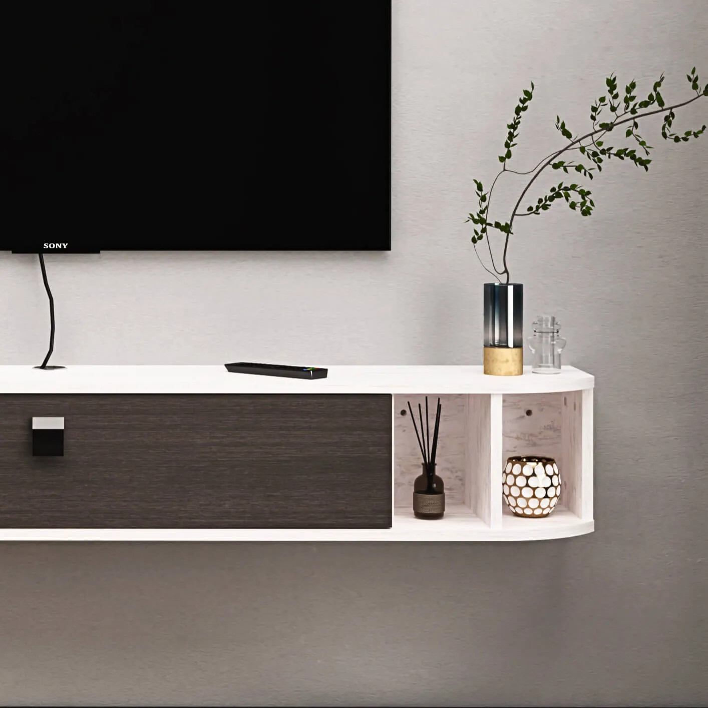 63" Modestia Floating TV Stand, Greyish White