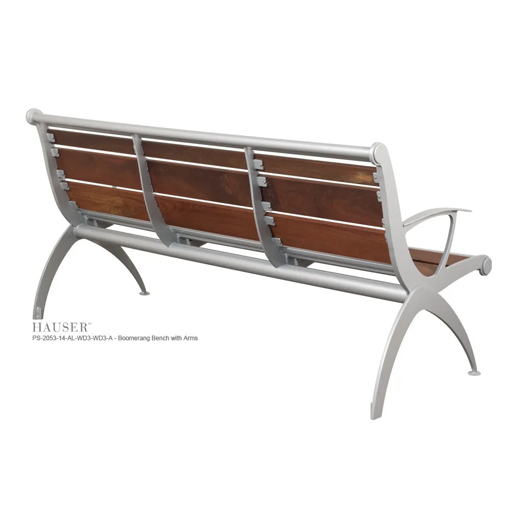 Boomerang Bench with Arms, Tropical Wood Slats