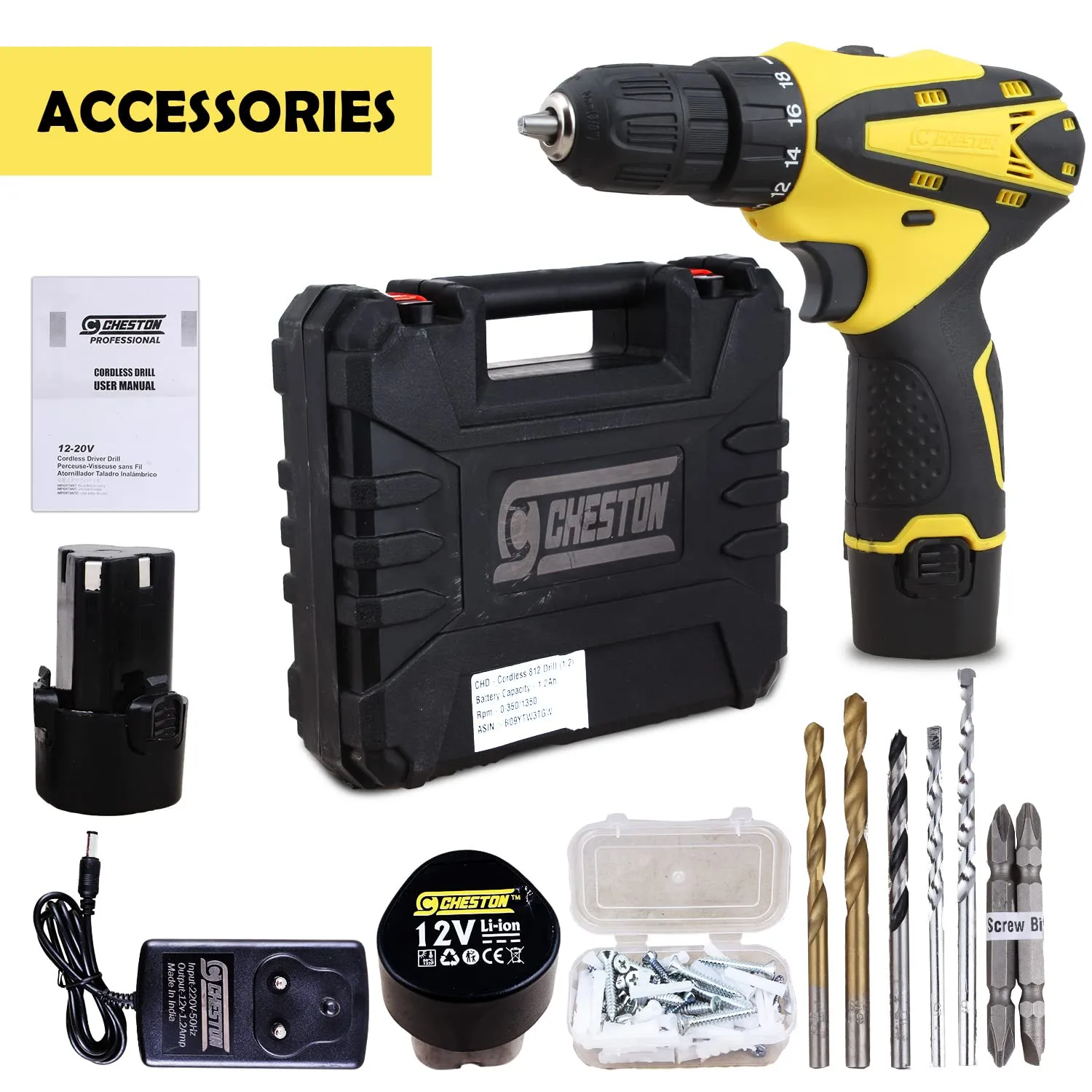 CHESTON Cordless 12V, 10mm Drilling Machine with Bits of 2Hss 2wood 2wall 2Screwdriver 1350RPM Keyless Chuck with 2 Batteries LED Torch (1.2AH)