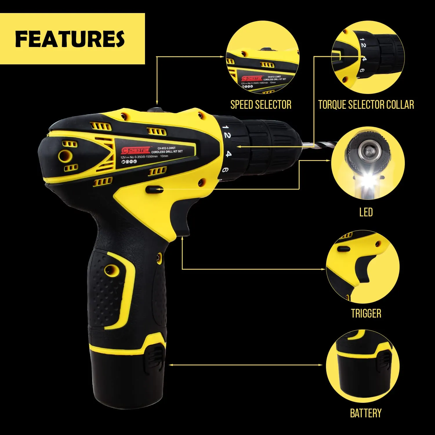 CHESTON Cordless 12V, 10mm Drilling Machine with Bits of 2Hss 2wood 2wall 2Screwdriver 1350RPM Keyless Chuck with 2 Batteries LED Torch (1.2AH)