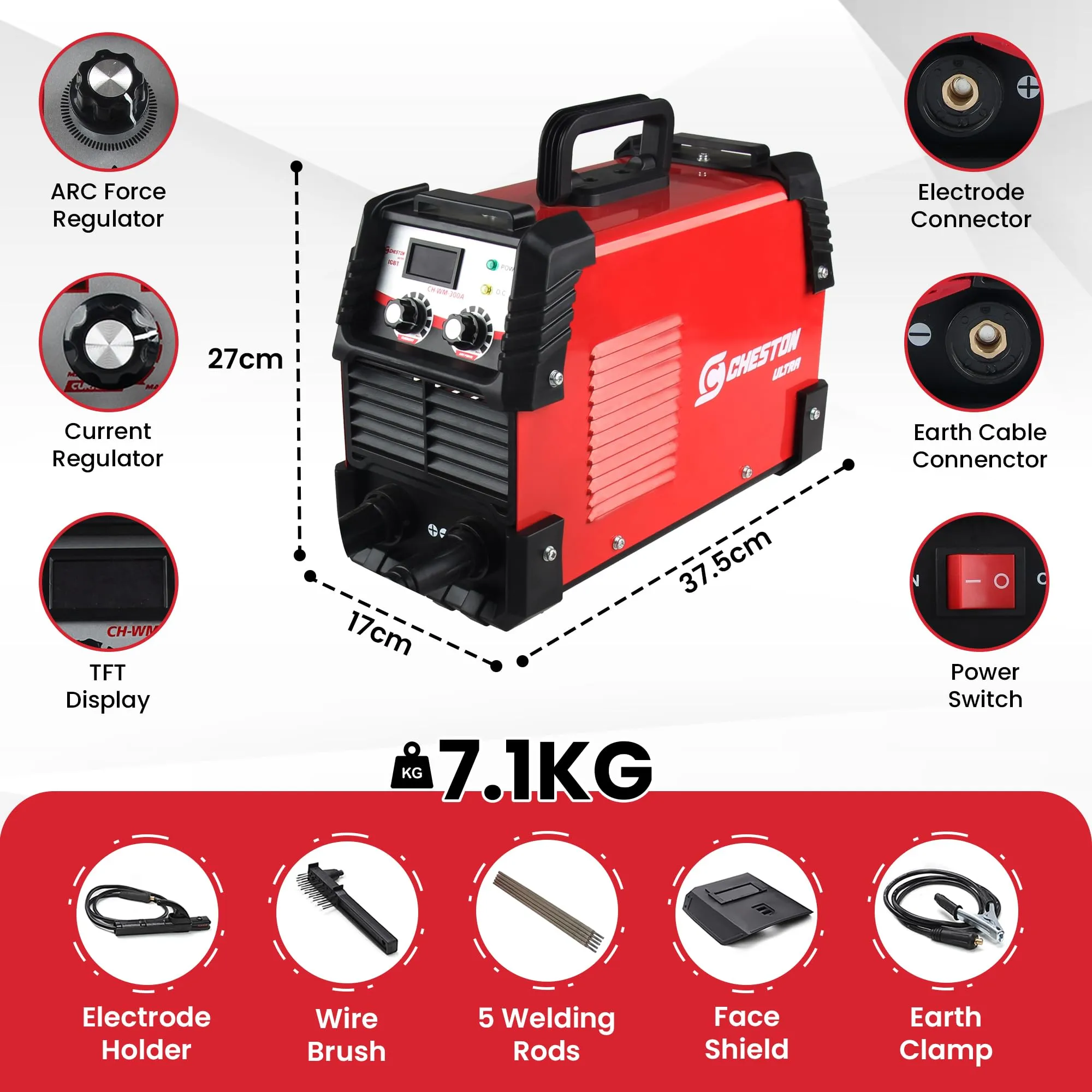 Cheston Ultra 300A Inverter Arc Welding Machine (MMA) LED Display Hot Start Welder Tool Heavy Duty with Welding Mask & Rods | For Steel, Iron, Aluminium, Copper & all other Metals Professional Use