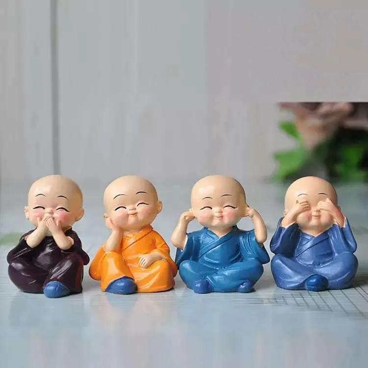 DEALZO Baby Monk Set of 4, for Home Décor, Smilling Little Monk Set Idol & Figurine Peaceful Laughing Buddha Small Unique Statues Decorative Showpiece for Car Dashboard