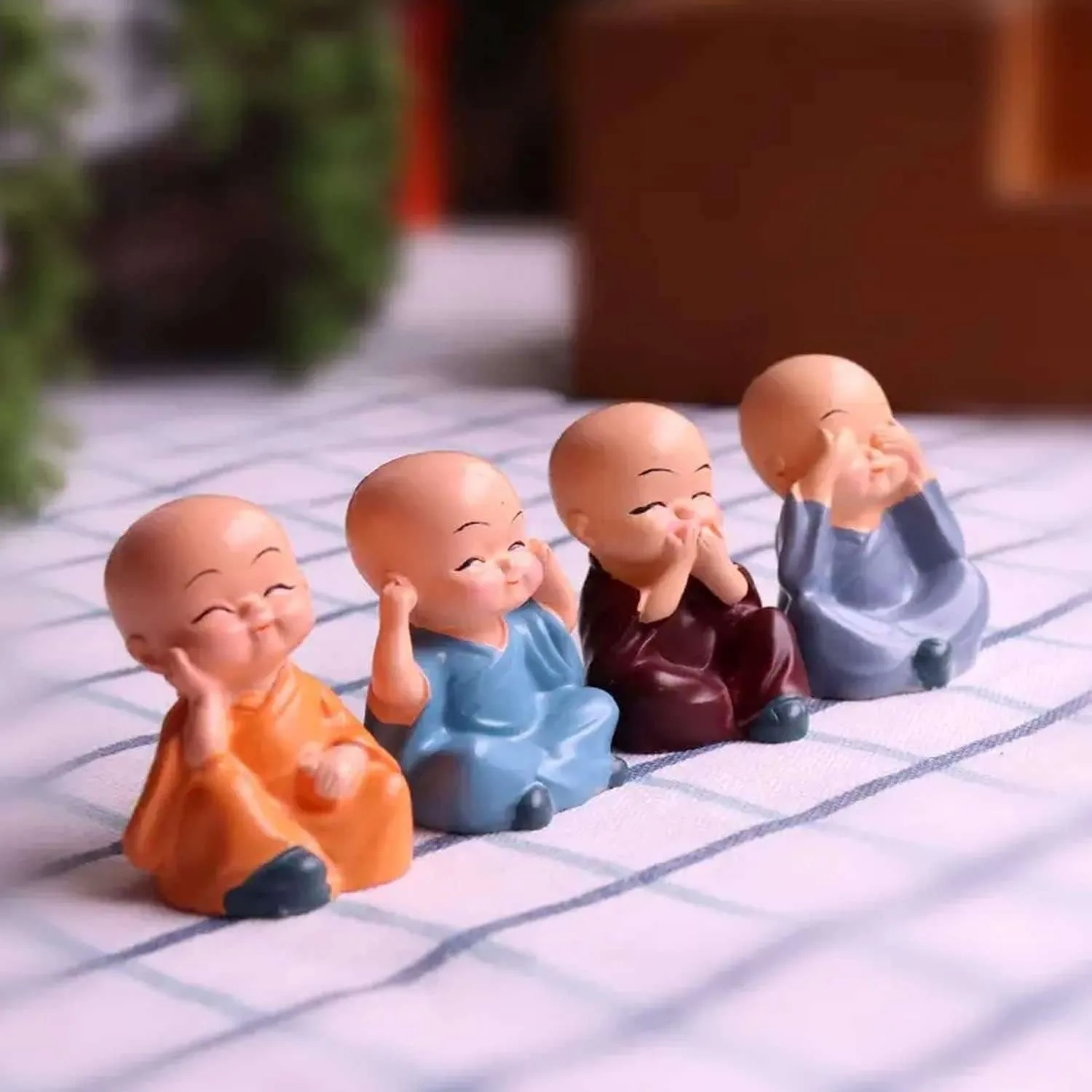 DEALZO Baby Monk Set of 4, for Home Décor, Smilling Little Monk Set Idol & Figurine Peaceful Laughing Buddha Small Unique Statues Decorative Showpiece for Car Dashboard