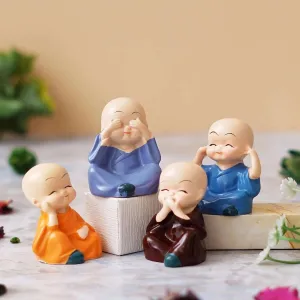 DEALZO Baby Monk Set of 4, for Home Décor, Smilling Little Monk Set Idol & Figurine Peaceful Laughing Buddha Small Unique Statues Decorative Showpiece for Car Dashboard