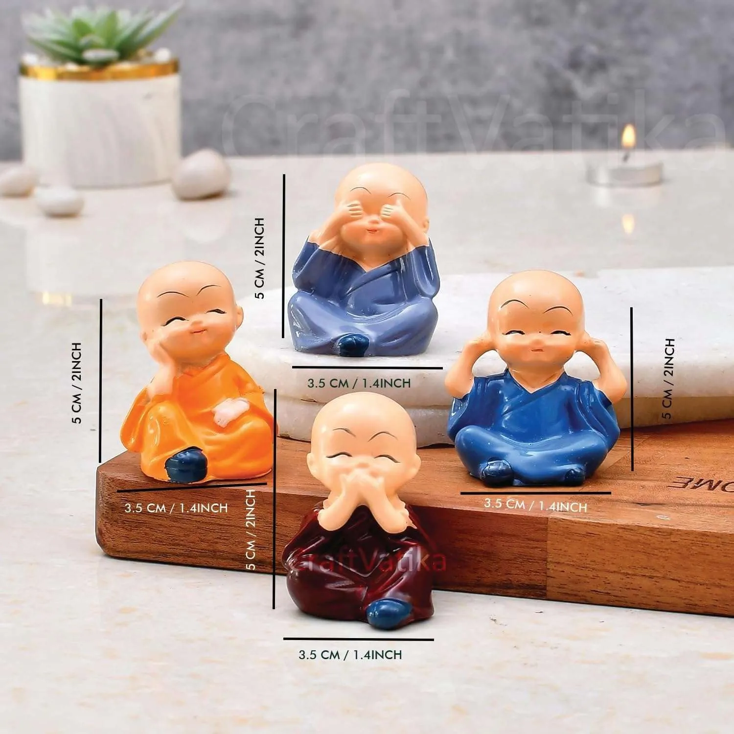 DEALZO Baby Monk Set of 4, for Home Décor, Smilling Little Monk Set Idol & Figurine Peaceful Laughing Buddha Small Unique Statues Decorative Showpiece for Car Dashboard