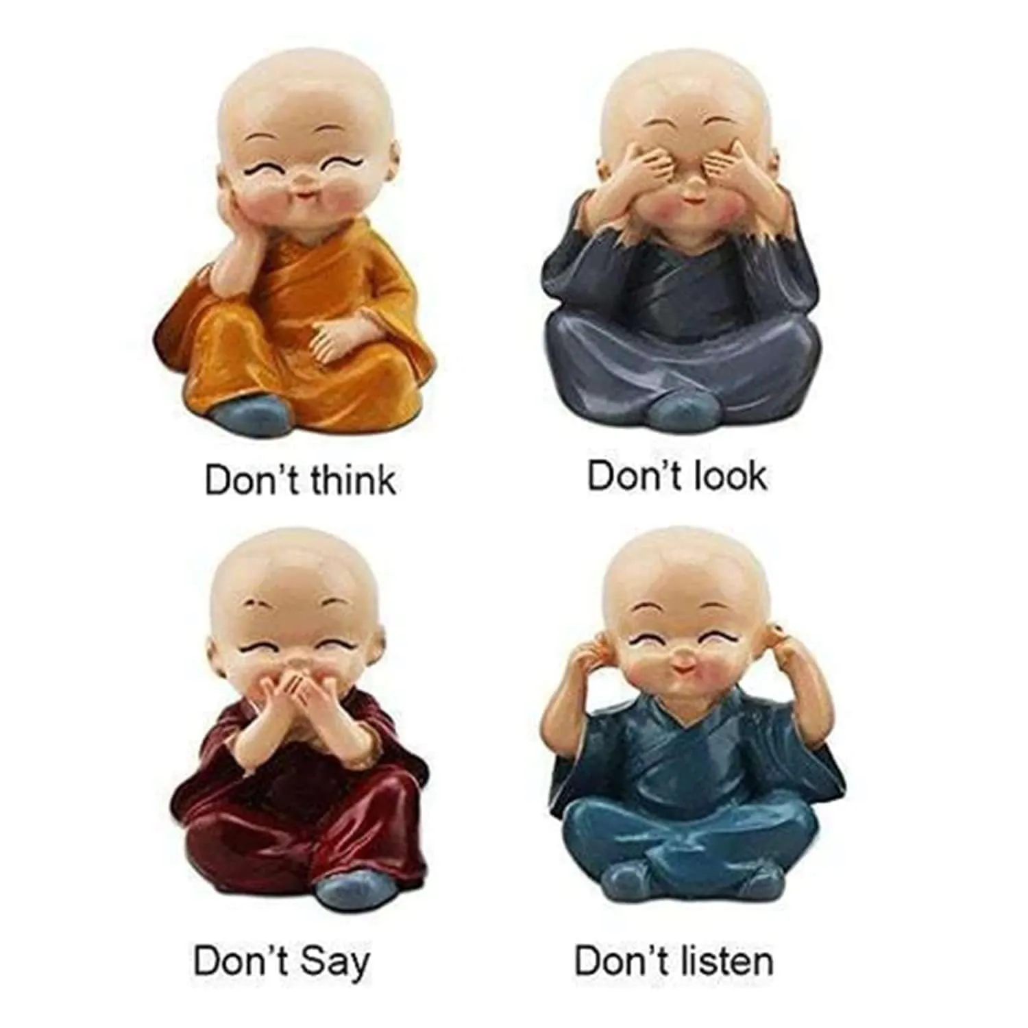 DEALZO Baby Monk Set of 4, for Home Décor, Smilling Little Monk Set Idol & Figurine Peaceful Laughing Buddha Small Unique Statues Decorative Showpiece for Car Dashboard