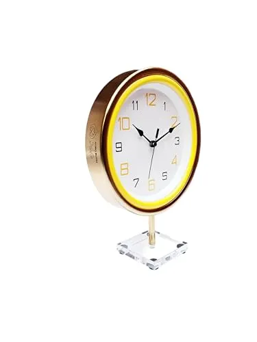 Decorative Premium Golden Metal Frame Table Clock, with 8 inch Dial with Acrelic Base for Home and Office