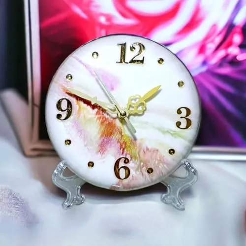 Decorative Tabletop Clock, 12 cm Diameter, Floral Design, White and Pink (12 INCH)