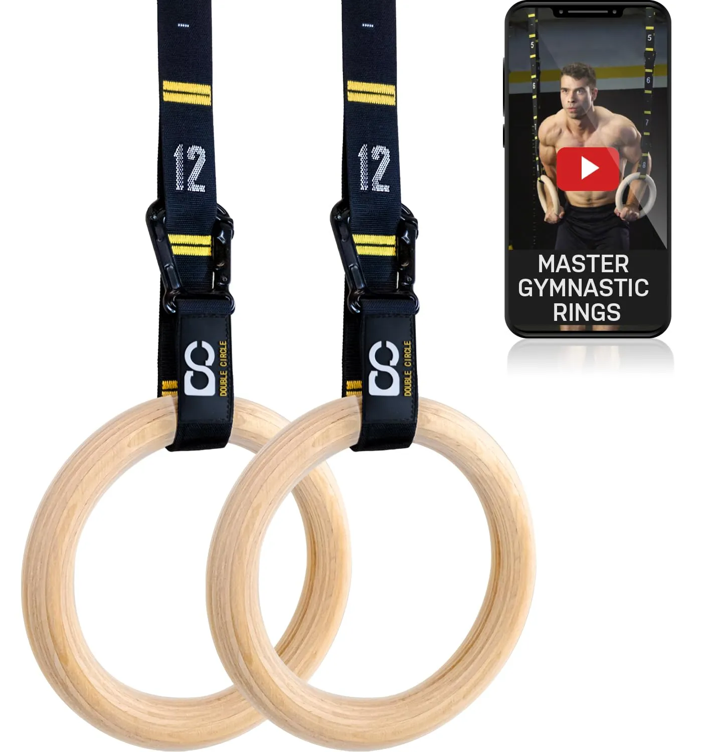 Double Circle Wooden Gymnastic Rings with Adjustable Straps & Exercise Videos