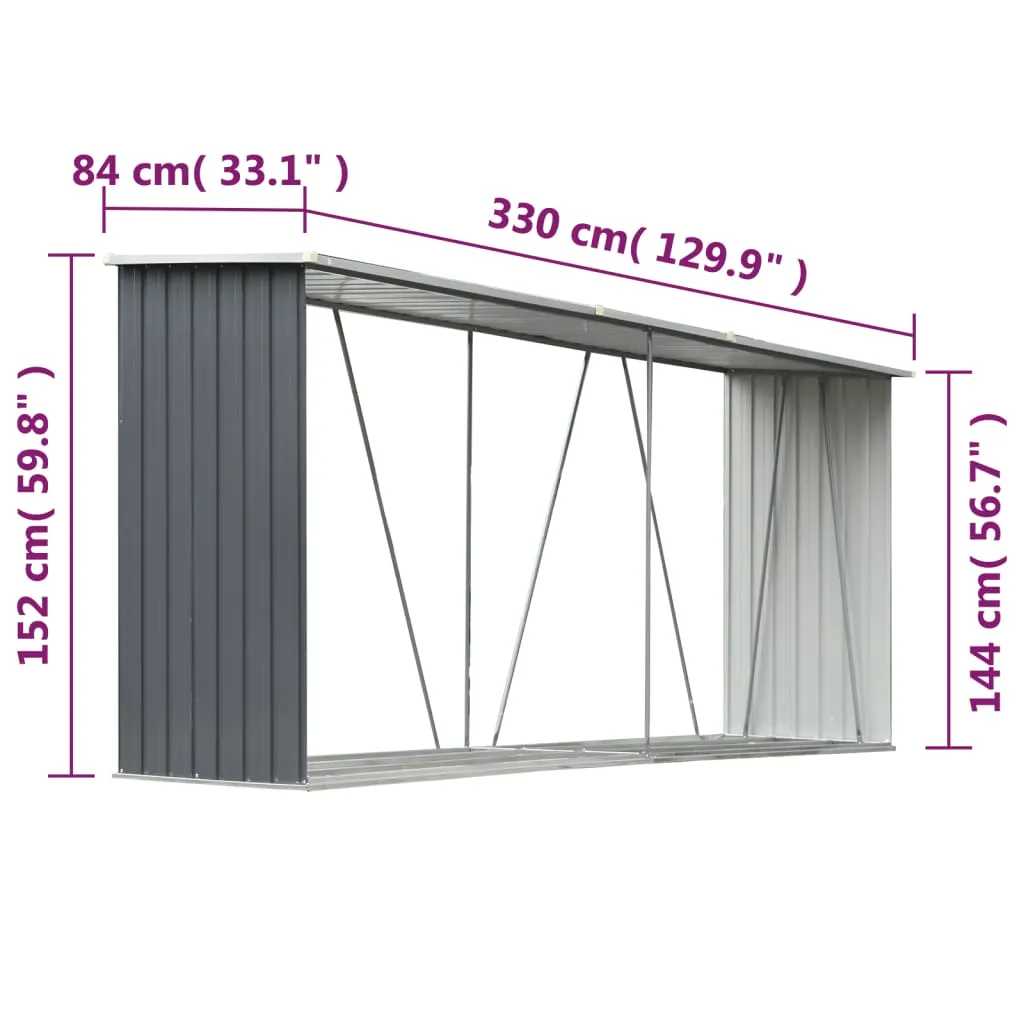 Garden Log Storage Shed Galvanised Steel 330x84x152 cm Grey