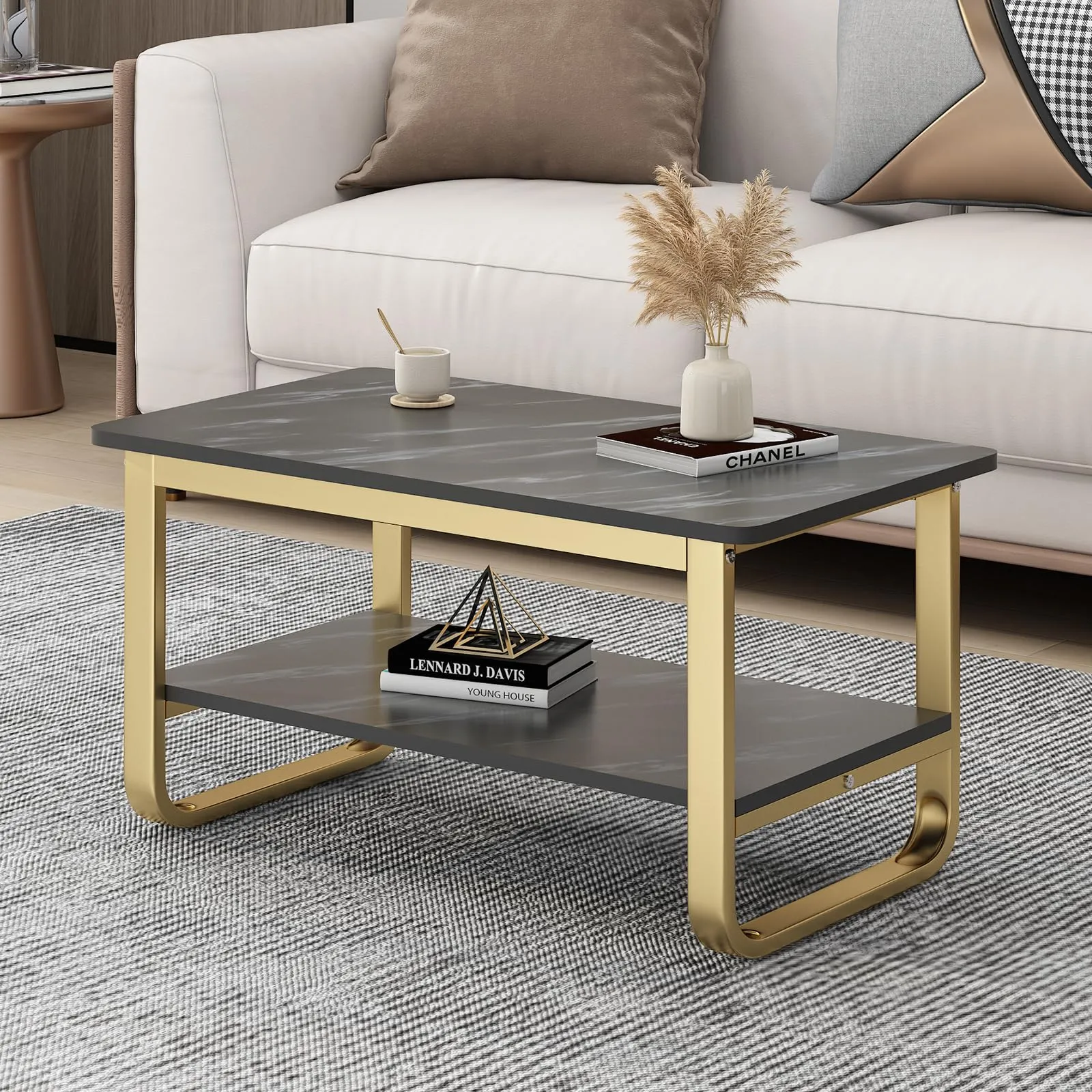 HOME CUBE Center Table for Living Room Coffee Table Tea Table End Table Decorative Item Marble Design Engineered Wood Top (80x45x40 CM) CF-012 (Black)