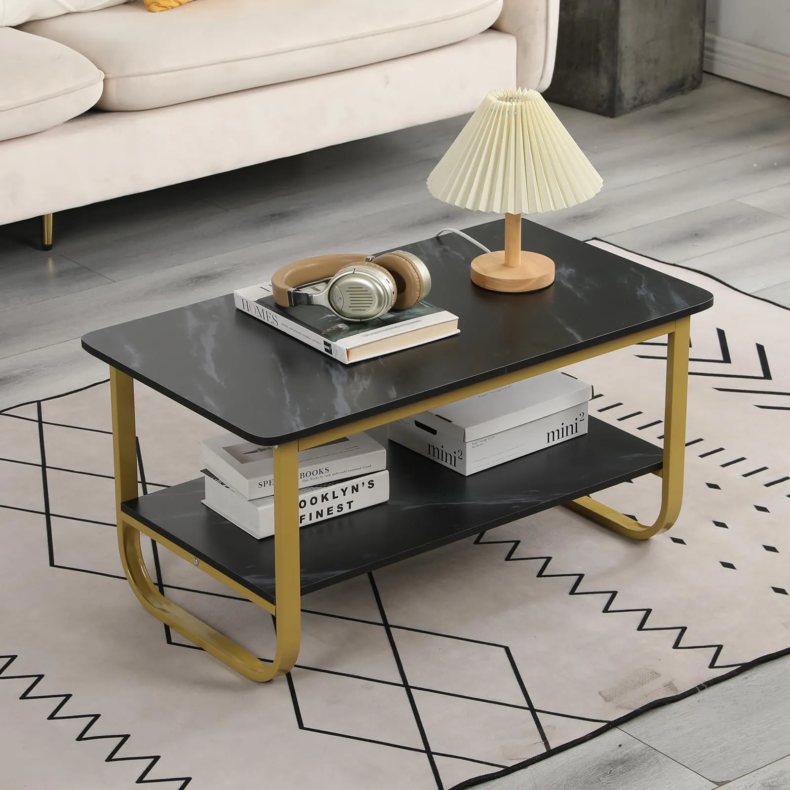 HOME CUBE Center Table for Living Room Coffee Table Tea Table End Table Decorative Item Marble Design Engineered Wood Top (80x45x40 CM) CF-012 (Black)