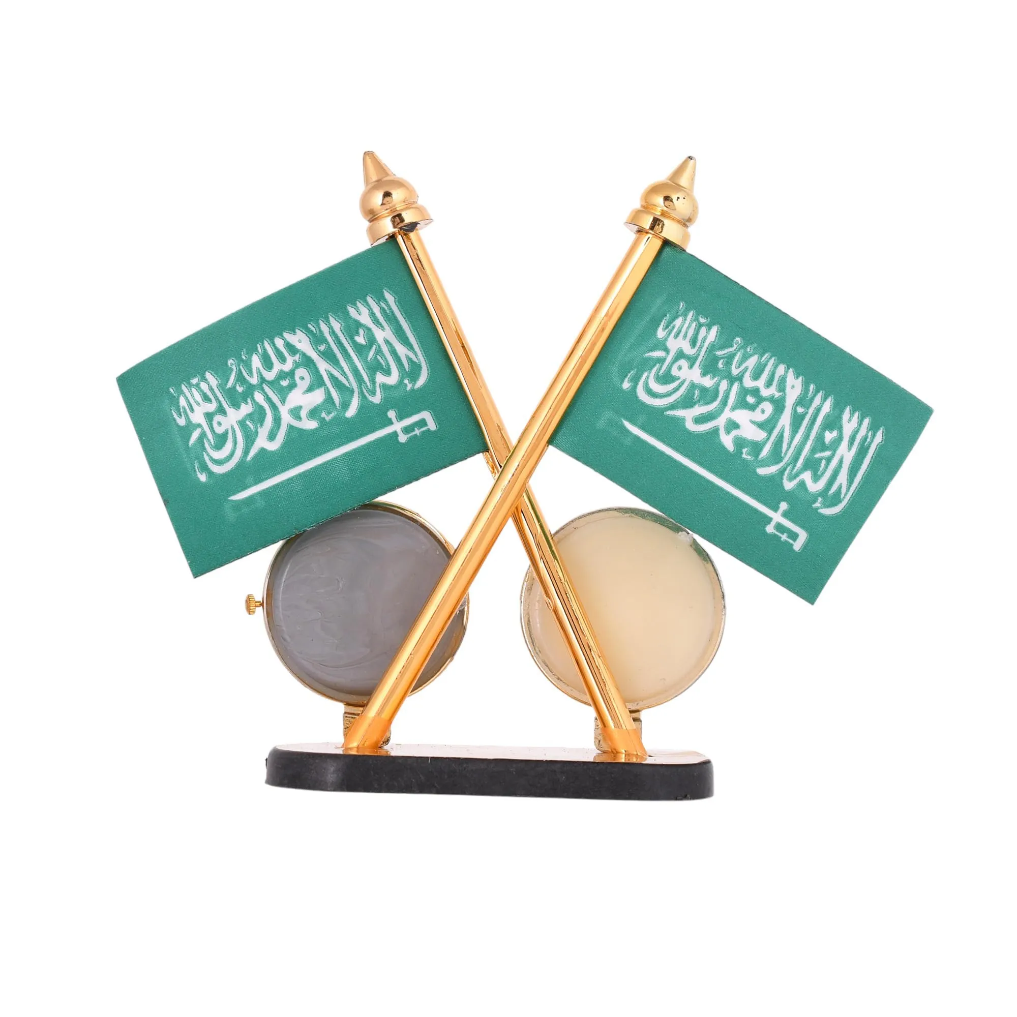 KhwajaDarbar Islamic Muslim Table Desk Clock - Ajmer Sharif Dargah Design With Holy First Kalma Printed Green Flags