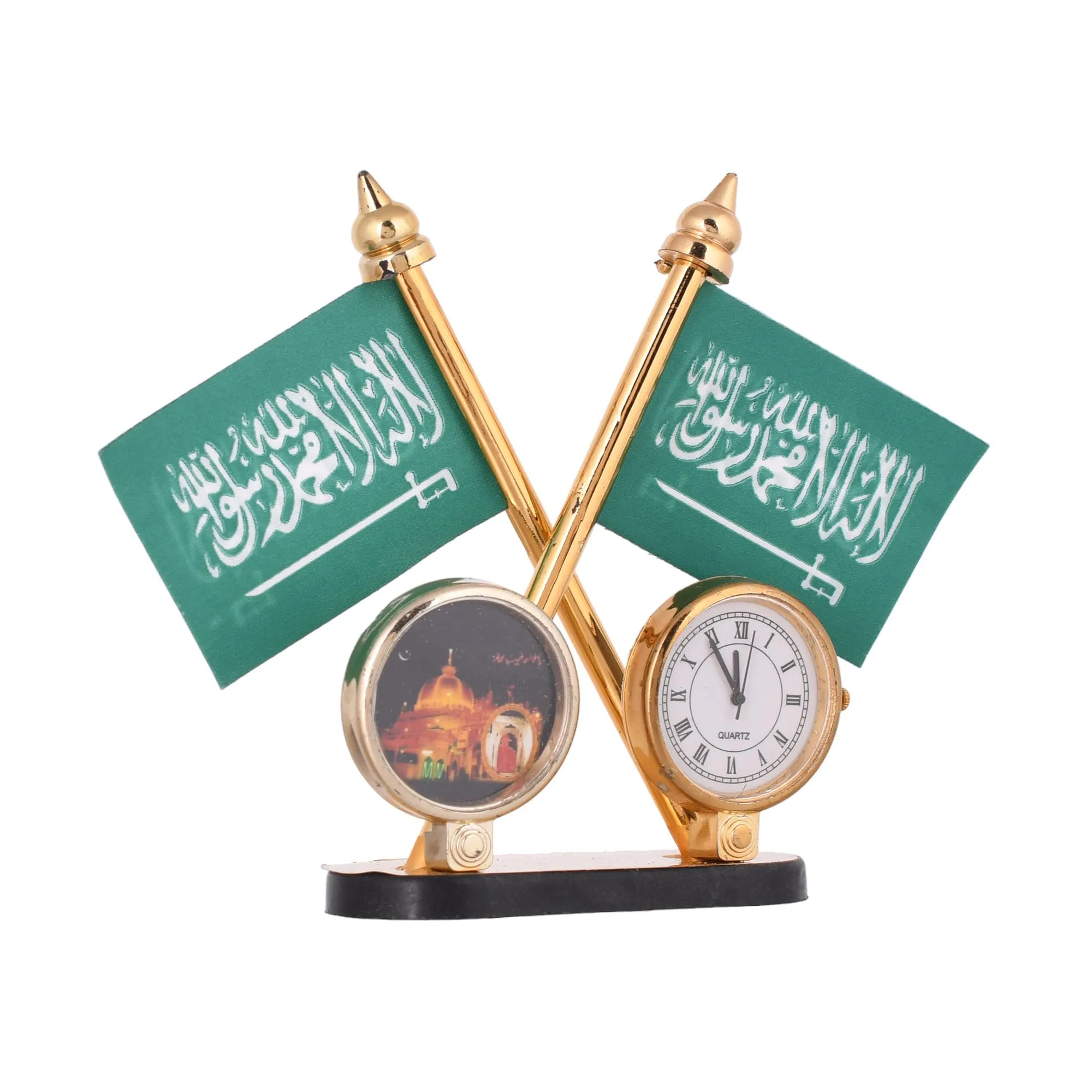 KhwajaDarbar Islamic Muslim Table Desk Clock - Ajmer Sharif Dargah Design With Holy First Kalma Printed Green Flags