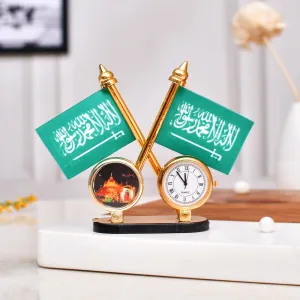 KhwajaDarbar Islamic Muslim Table Desk Clock - Ajmer Sharif Dargah Design With Holy First Kalma Printed Green Flags