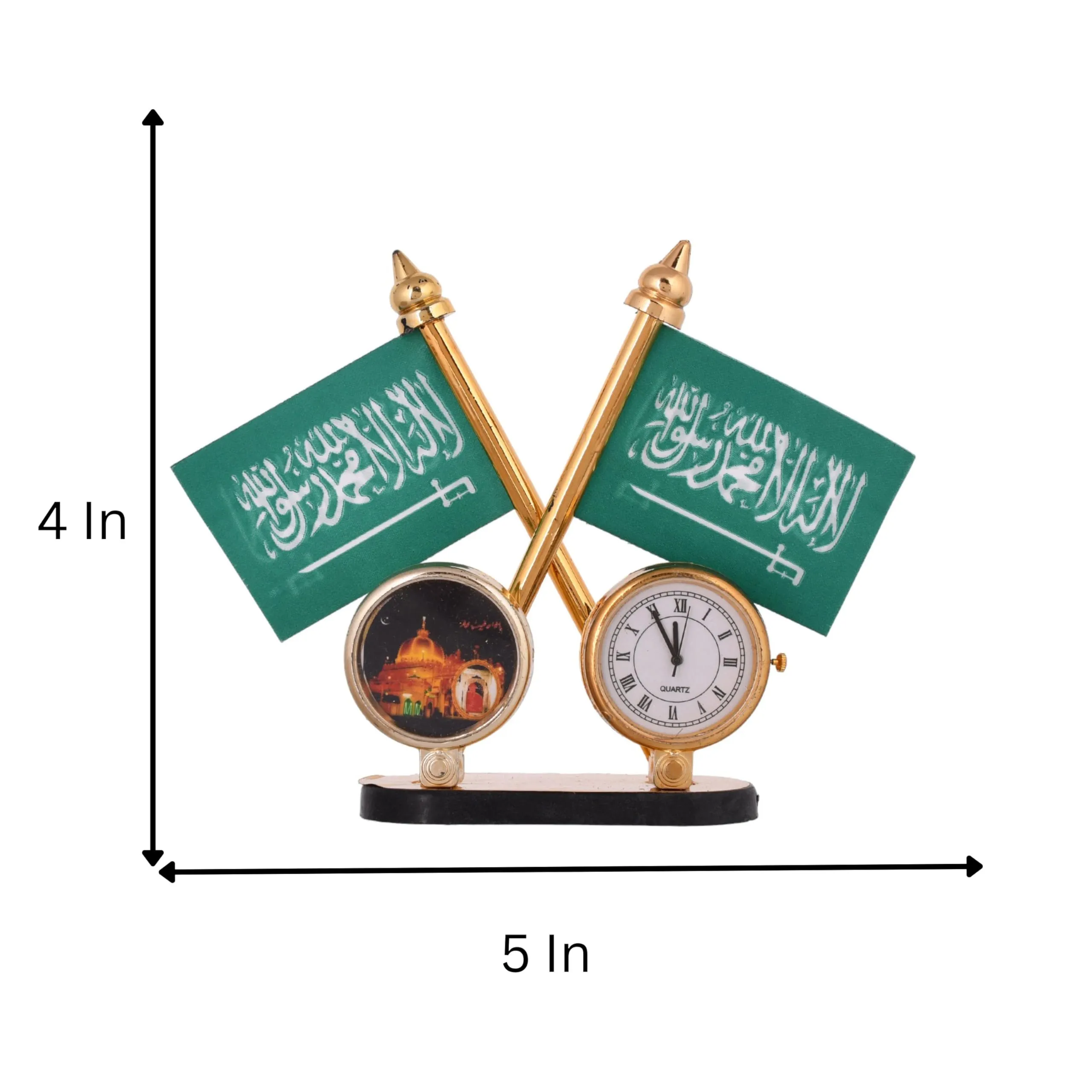 KhwajaDarbar Islamic Muslim Table Desk Clock - Ajmer Sharif Dargah Design With Holy First Kalma Printed Green Flags