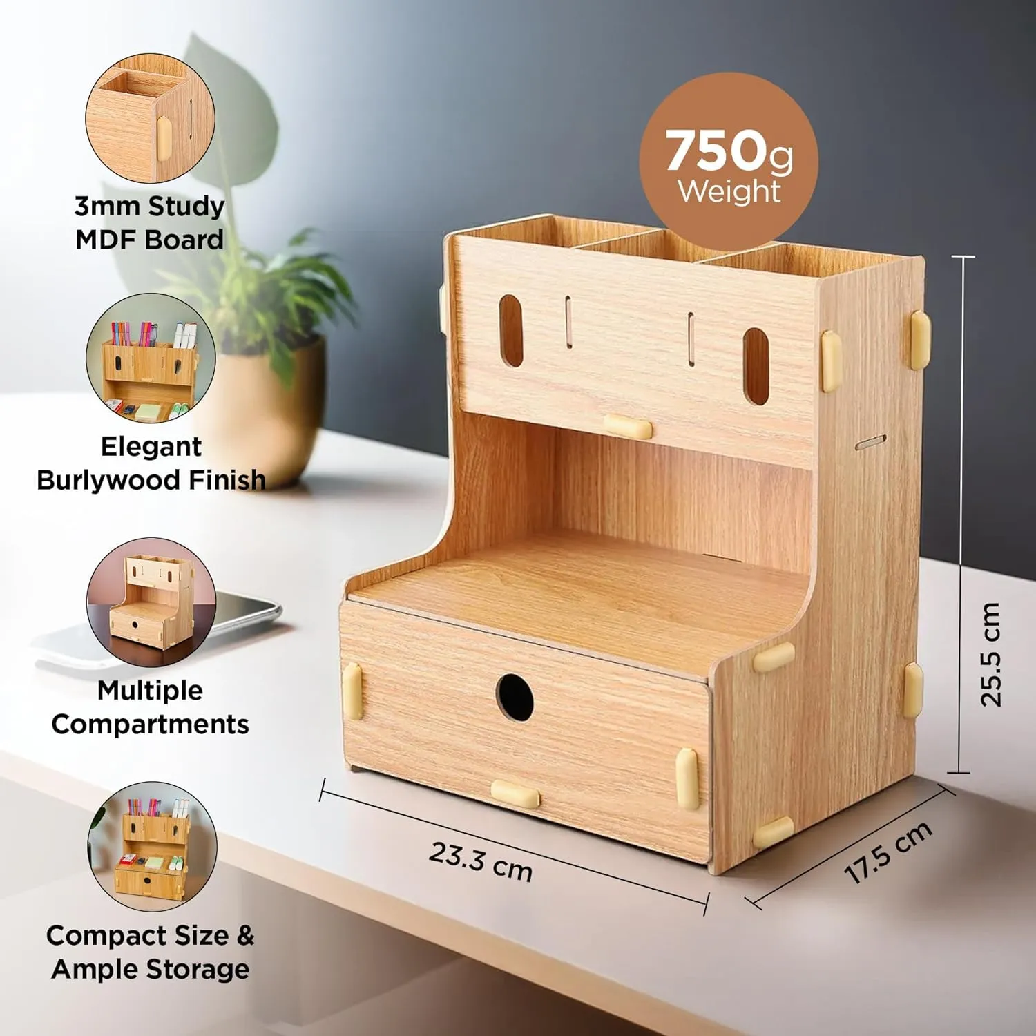 Kuber Industries 3 Compartments with One Bottom Drawer Pen Stand for Office | MDF Wood Rack | Aesthetic Stationery Stand for Office Table Accessories | Burlywood | 23.3x17.5x25.5cm