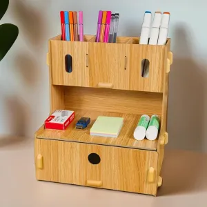 Kuber Industries 3 Compartments with One Bottom Drawer Pen Stand for Office | MDF Wood Rack | Aesthetic Stationery Stand for Office Table Accessories | Burlywood | 23.3x17.5x25.5cm