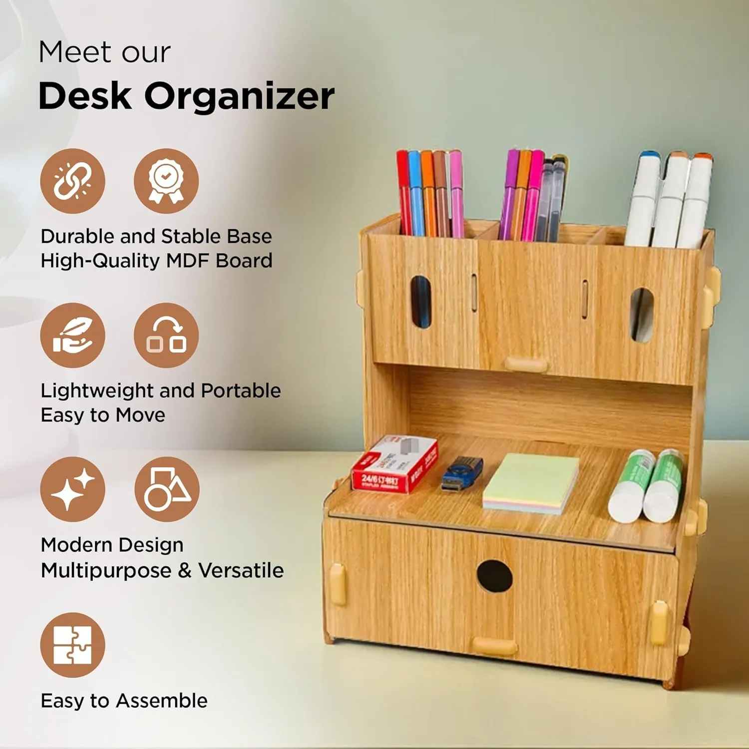 Kuber Industries 3 Compartments with One Bottom Drawer Pen Stand for Office | MDF Wood Rack | Aesthetic Stationery Stand for Office Table Accessories | Burlywood | 23.3x17.5x25.5cm