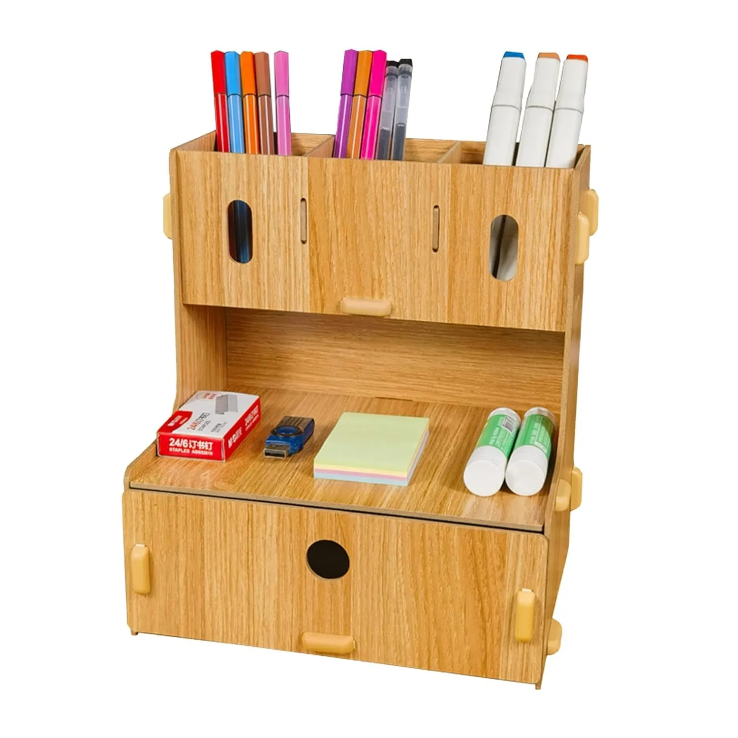 Kuber Industries 3 Compartments with One Bottom Drawer Pen Stand for Office | MDF Wood Rack | Aesthetic Stationery Stand for Office Table Accessories | Burlywood | 23.3x17.5x25.5cm