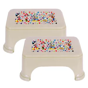 Kuber Industries Disney Team Stool | Bathroom Square Stool | Plastic Stool for Bathroom | Stool for Kitchen | Bathroom Patla | Support Stool for Bathroom | P6 | Pack of 2 | Beige