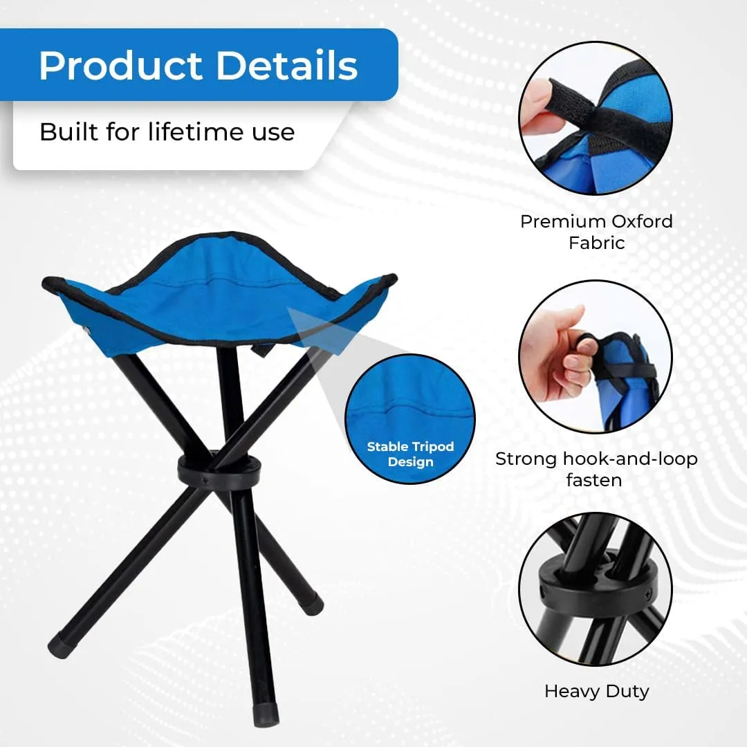 Kuber Industries Portable Portable Stool for Travelling|Foldable Outdoor Sitting Chair|Tripod 3 Leg Chair for Camping, Picnic, Hiking|Blue - Set of 4