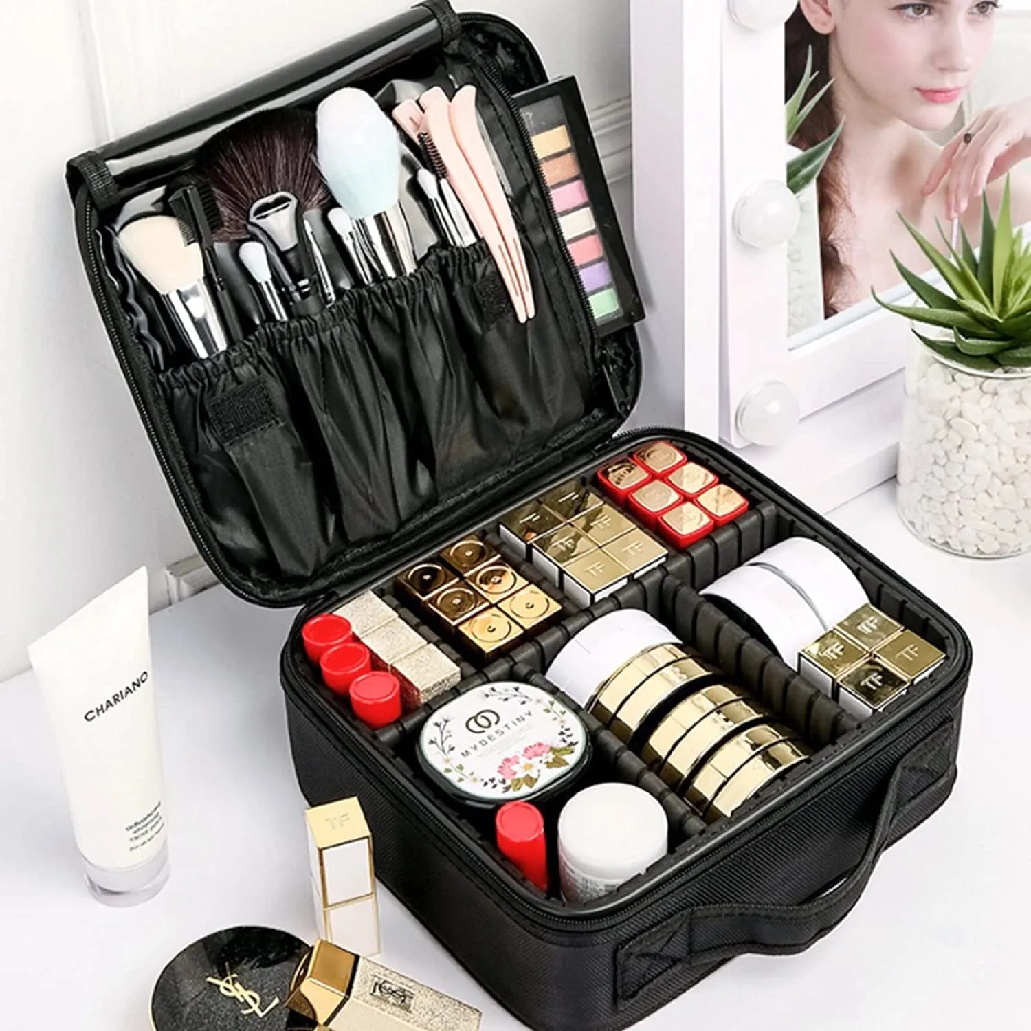 Large Capacity Travel Makeup Bag with Adjustable Dividers