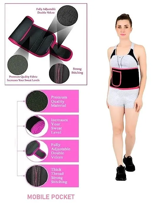 Neoprene Royal Pink Ab Trainer Waist Support Belt with Mobile Pocket | Stomach Back Exercise Tummy Body Wrap for Men & Women