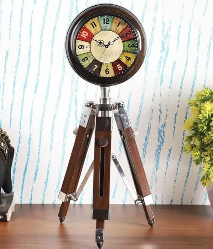 NIDA ART Tripod Table Clock with Wooden Base Multicolor English Numbers,Wooden Stand Clock