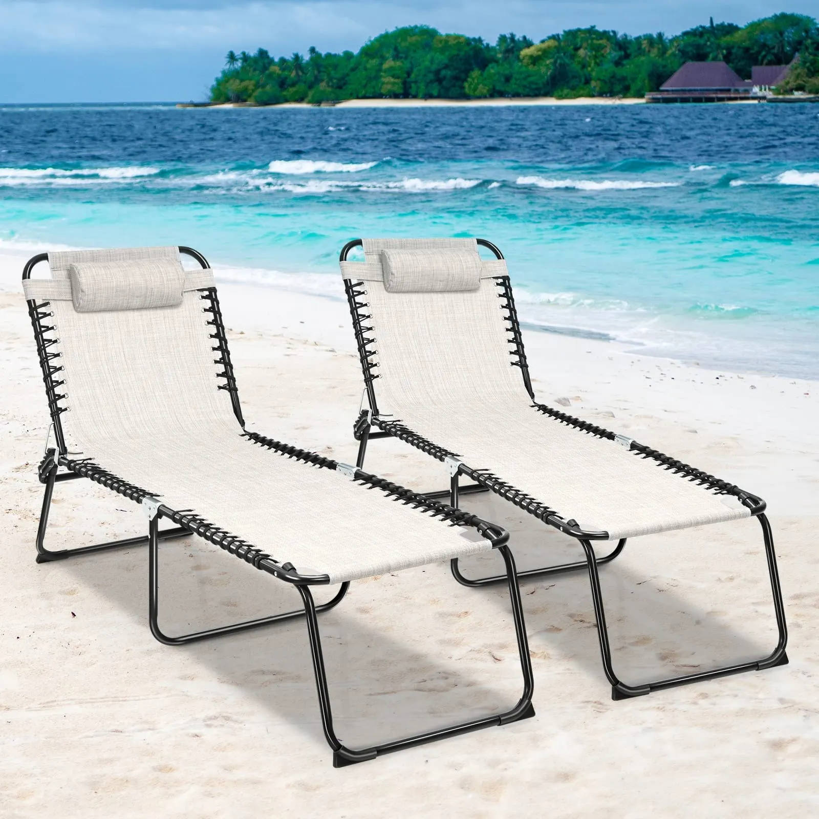 Outdoor Folding Chaise Lounge Chair, 4-Position Adjustable Reclining Chair with Pillow