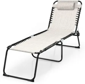 Outdoor Folding Chaise Lounge Chair, 4-Position Adjustable Reclining Chair with Pillow