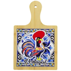 Portuguese Rooster Design Wooden Serving Tray with Ceramic Tile Center